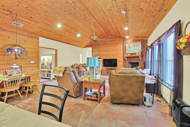 living room featuring ceiling fan, high vaulted ceiling, wood walls, a fireplace, and wood ceiling