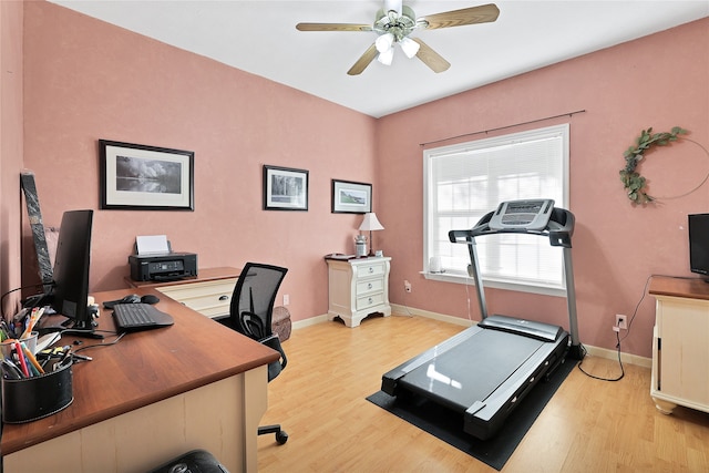 office with light wood-type flooring and ceiling fan