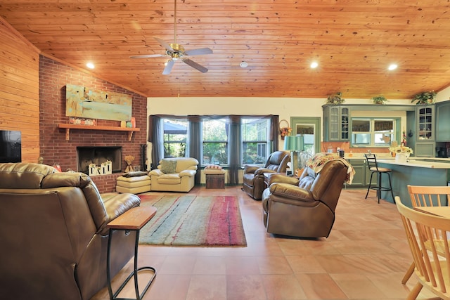 living room with ceiling fan, wooden ceiling, a brick fireplace, high vaulted ceiling, and light tile patterned floors