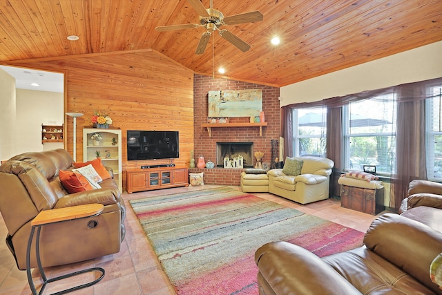 living room with lofted ceiling, light tile patterned floors, wooden ceiling, and wooden walls