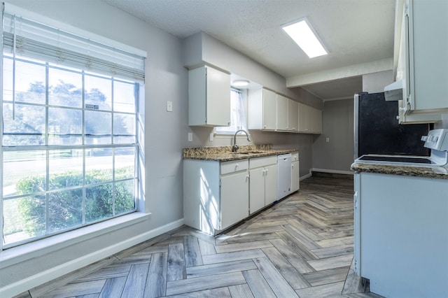 kitchen with plenty of natural light, white cabinetry, and light parquet flooring