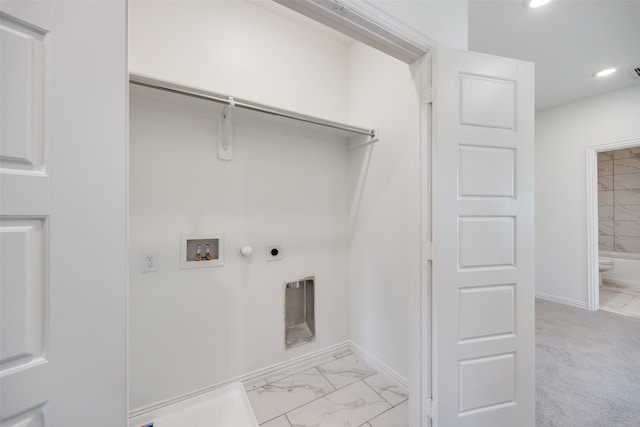 laundry room featuring hookup for an electric dryer, gas dryer hookup, light colored carpet, and washer hookup