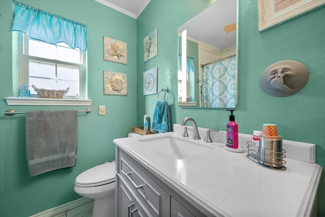 bathroom featuring vanity, curtained shower, toilet, and crown molding