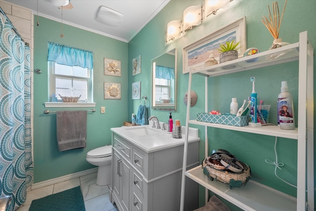 bathroom with vanity, toilet, walk in shower, and crown molding