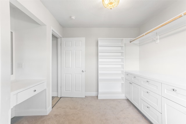 walk in closet with light colored carpet