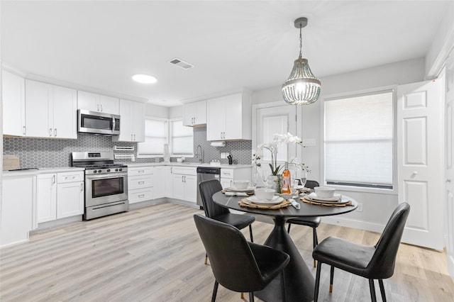 kitchen with sink, hanging light fixtures, appliances with stainless steel finishes, decorative backsplash, and white cabinets