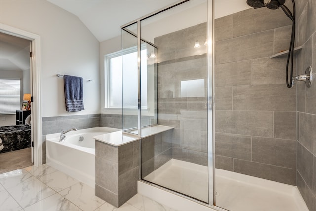 bathroom featuring plus walk in shower and lofted ceiling