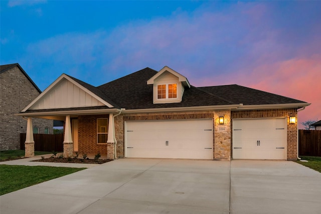 view of front facade featuring fence, an attached garage, concrete driveway, brick siding, and a shingled roof