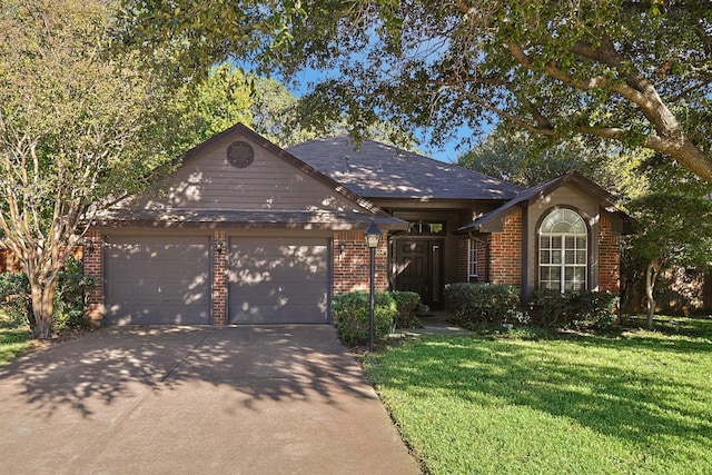 ranch-style house with a garage and a front yard