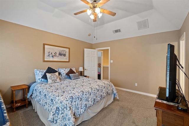 bedroom featuring carpet flooring, ceiling fan, and lofted ceiling