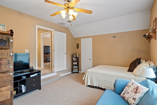 carpeted bedroom featuring ceiling fan and lofted ceiling