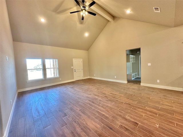 unfurnished living room featuring beam ceiling, ceiling fan, high vaulted ceiling, and wood-type flooring