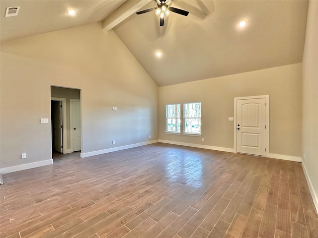 empty room with wood-type flooring, high vaulted ceiling, ceiling fan, and beam ceiling