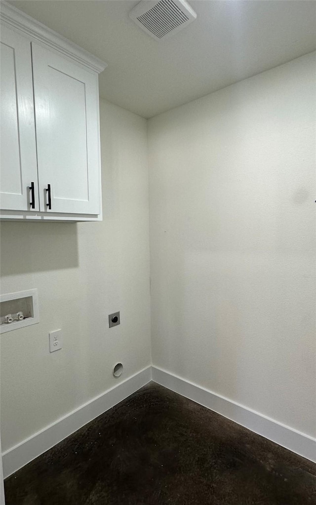 laundry area featuring hookup for an electric dryer, cabinets, and washer hookup