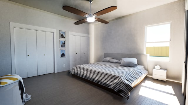 bedroom featuring ceiling fan, multiple closets, and wood finished floors