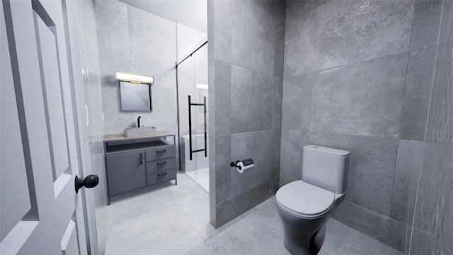 bathroom featuring toilet, tile patterned flooring, tile walls, and vanity