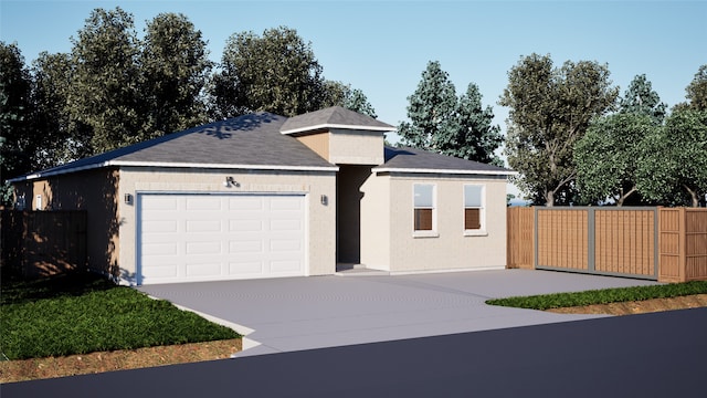 garage with concrete driveway and fence