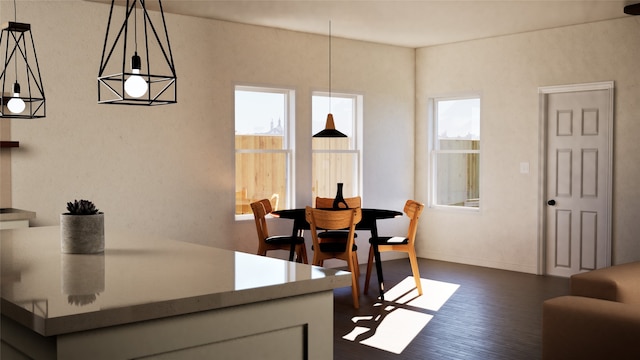 dining area featuring a healthy amount of sunlight, dark wood-style floors, and baseboards