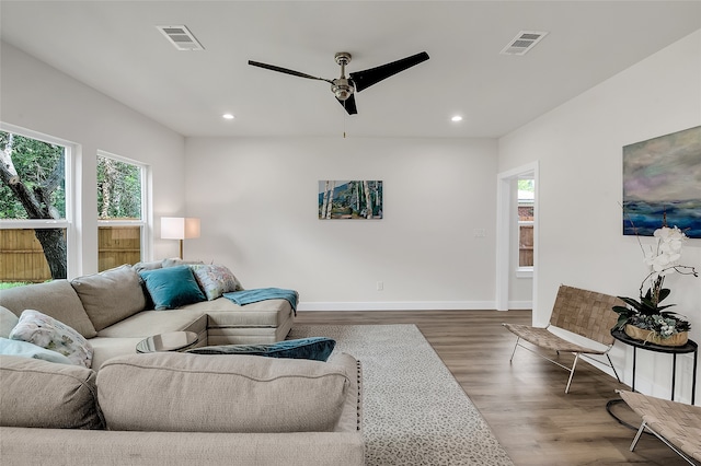 living room with wood-type flooring and ceiling fan