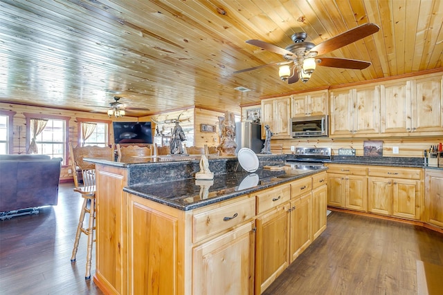 kitchen with wood ceiling, wood walls, stainless steel appliances, and dark hardwood / wood-style floors