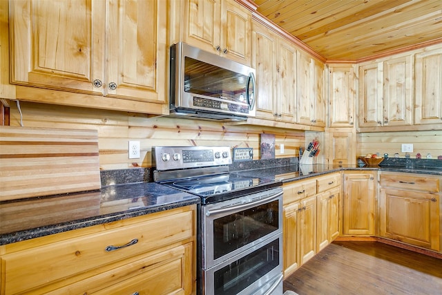 kitchen with stainless steel appliances, wood ceiling, dark stone counters, and light hardwood / wood-style floors