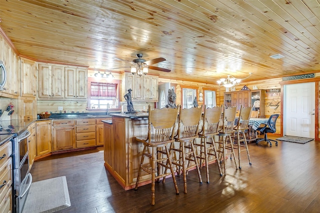 kitchen featuring sink, dark hardwood / wood-style flooring, range with two ovens, wood ceiling, and light brown cabinets