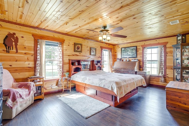 bedroom with wooden ceiling, ceiling fan, dark wood-type flooring, and wood walls