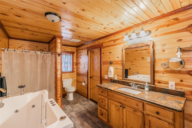 bathroom with hardwood / wood-style flooring, wood walls, toilet, and wooden ceiling