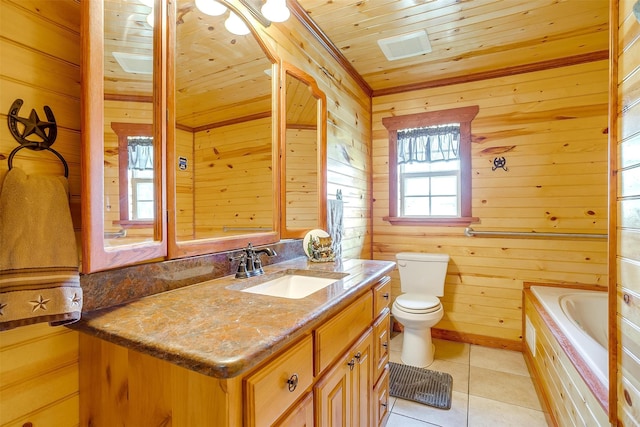 bathroom with tile patterned flooring, vanity, a tub to relax in, wooden ceiling, and toilet