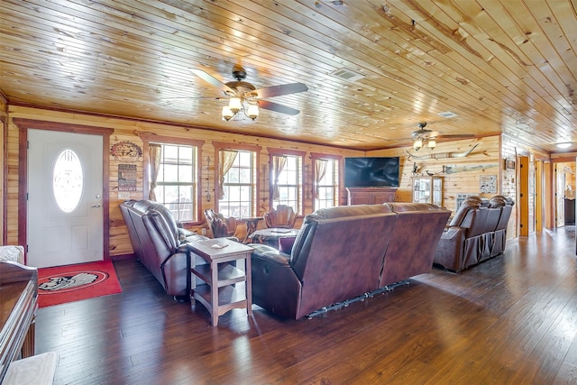 living room featuring wooden walls, ceiling fan, dark wood-type flooring, and wooden ceiling