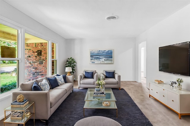 living room featuring light carpet