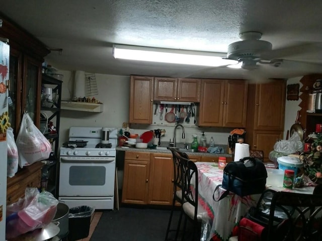 kitchen with a textured ceiling, white range with gas stovetop, and sink