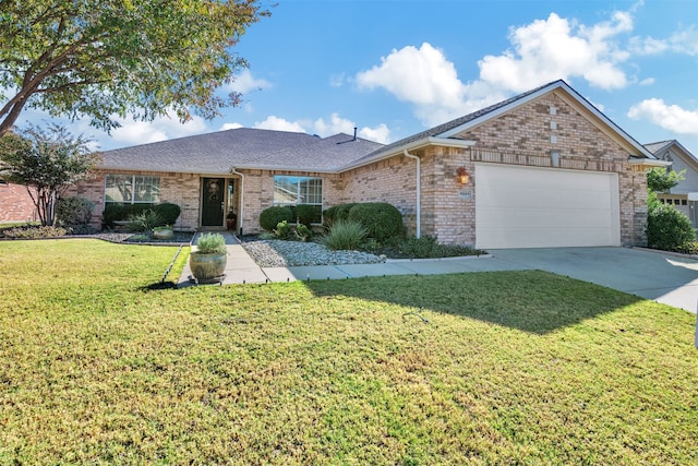 ranch-style home featuring a garage and a front lawn