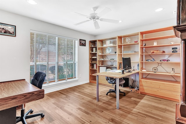 office featuring ceiling fan and light hardwood / wood-style floors