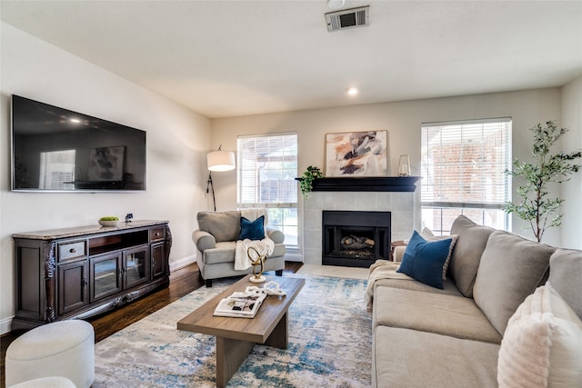 living room with a fireplace, wood-type flooring, and a wealth of natural light