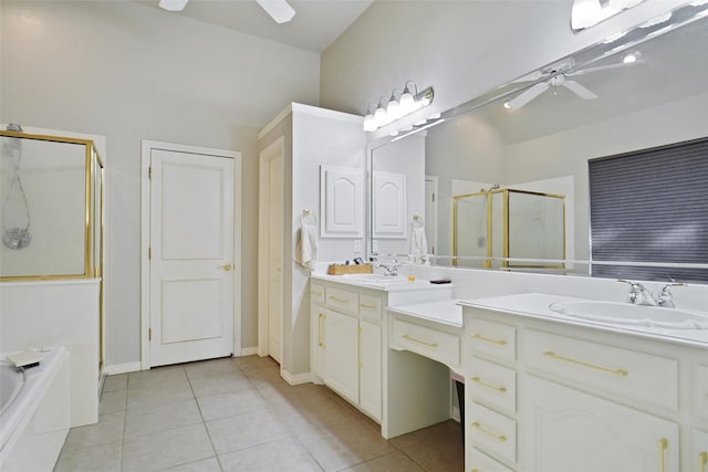 bathroom featuring tile patterned floors, lofted ceiling, vanity, ceiling fan, and plus walk in shower