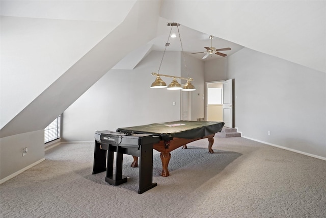 rec room featuring vaulted ceiling, light colored carpet, ceiling fan, and pool table