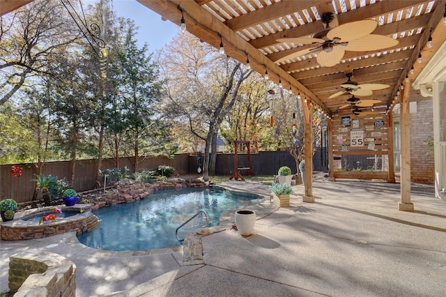 view of swimming pool with an in ground hot tub, a patio, and a pergola