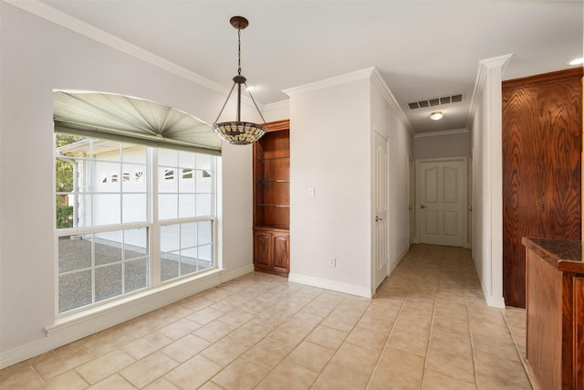 unfurnished dining area featuring crown molding and light tile patterned flooring