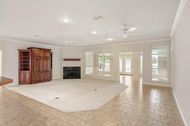 unfurnished living room with light tile patterned floors, ceiling fan, and ornamental molding