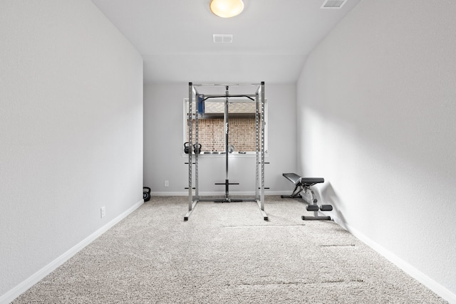 exercise room featuring carpet flooring and lofted ceiling