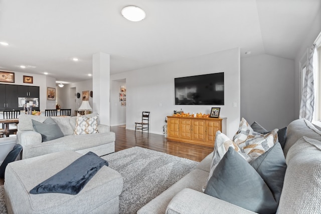 living room featuring dark hardwood / wood-style flooring and lofted ceiling