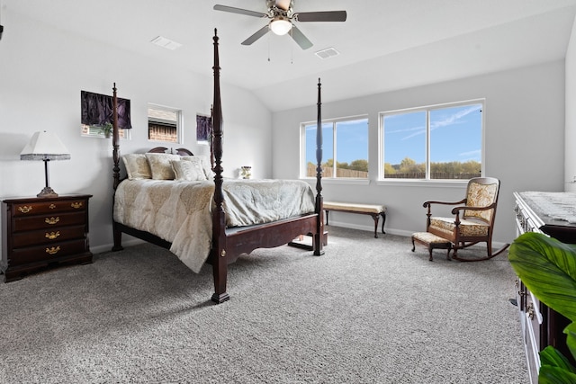 bedroom featuring carpet floors, vaulted ceiling, and ceiling fan