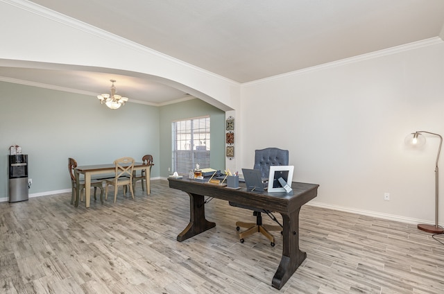 office featuring crown molding, light hardwood / wood-style floors, and a notable chandelier