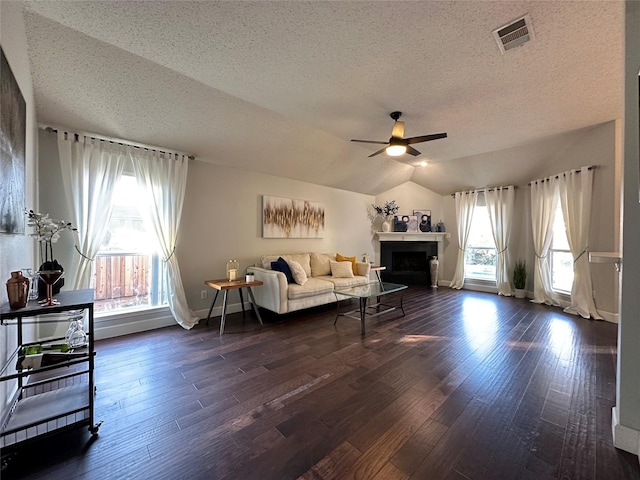 living room with dark hardwood / wood-style floors, a healthy amount of sunlight, and vaulted ceiling