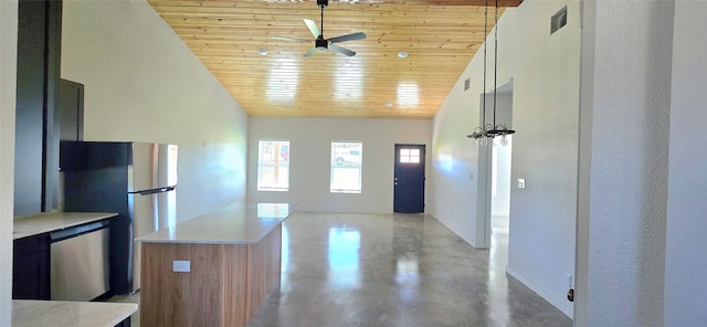 kitchen with ceiling fan, wood ceiling, stainless steel appliances, and high vaulted ceiling