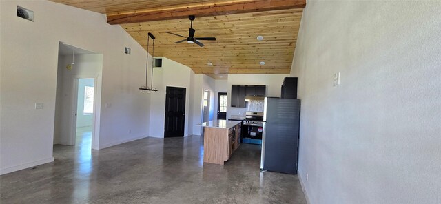 kitchen with stainless steel appliances, high vaulted ceiling, wooden ceiling, and a kitchen island