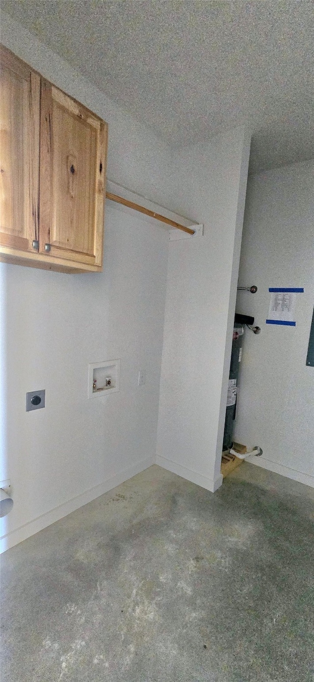 laundry room with cabinets, hookup for a washing machine, hookup for an electric dryer, a textured ceiling, and water heater