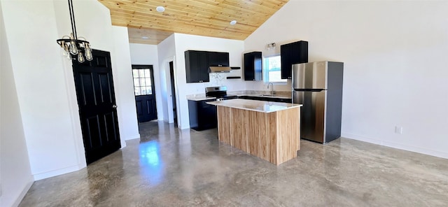 kitchen with appliances with stainless steel finishes, sink, high vaulted ceiling, wooden ceiling, and a kitchen island