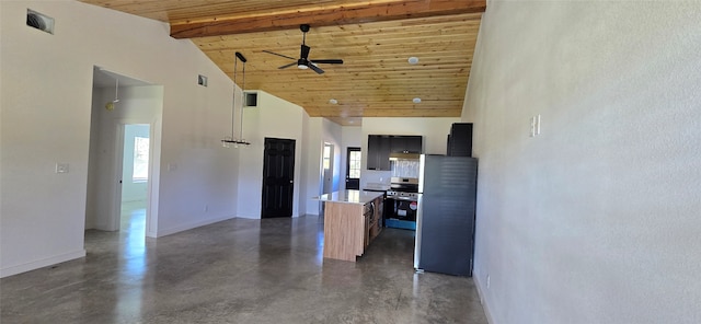 kitchen featuring stainless steel appliances, high vaulted ceiling, a kitchen island, and wood ceiling